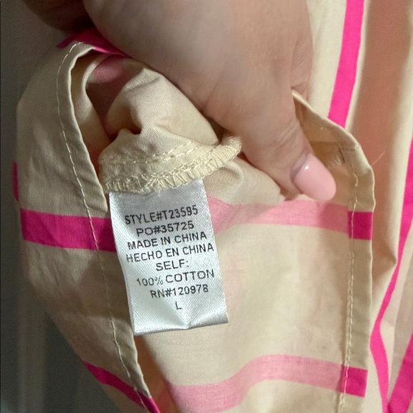 Entro Pink and Cream Striped Puff Sleeve Ruffle V Neck Blouse Size Large - Picture 6 of 6
